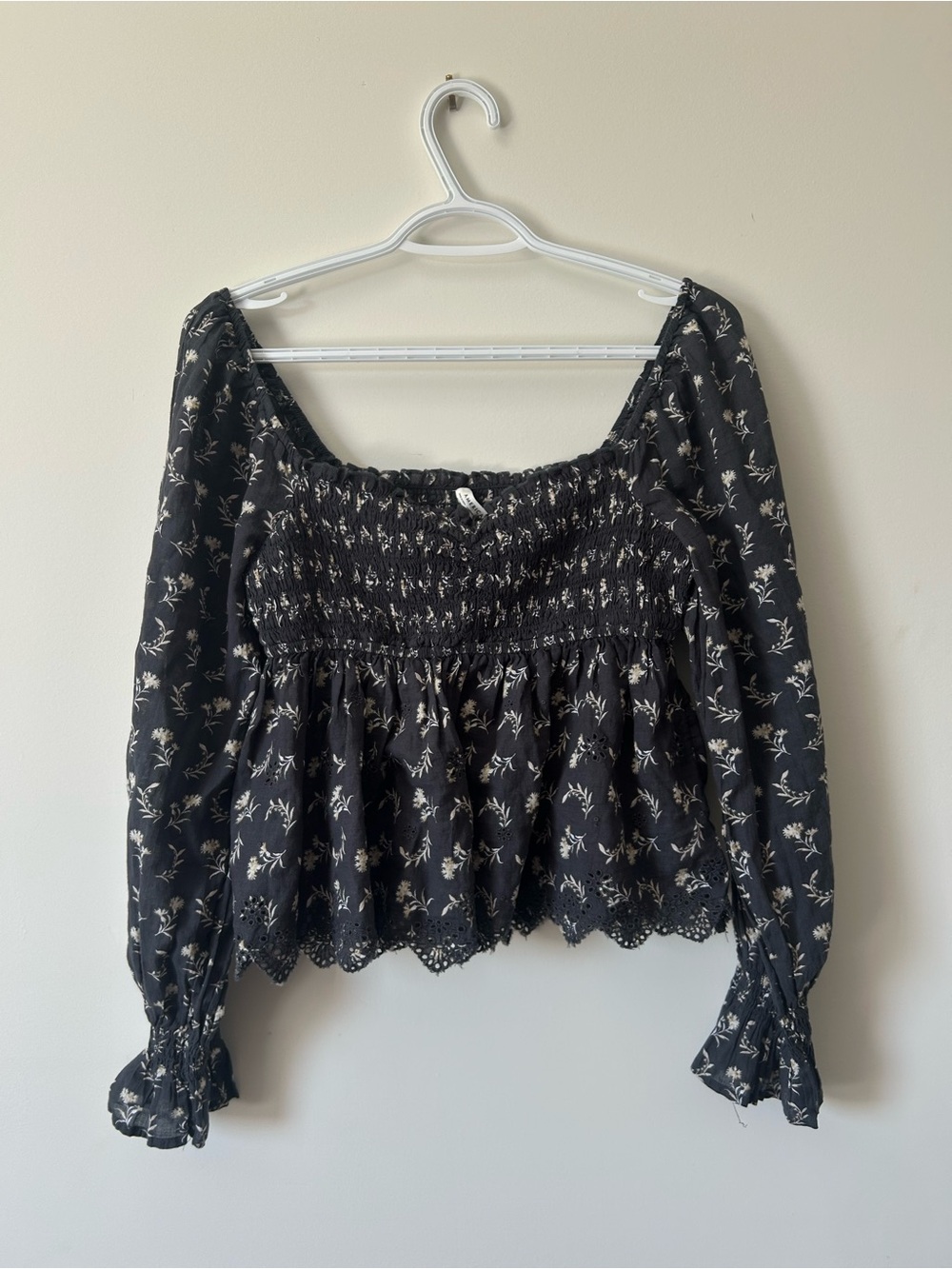 American Eagle Outfitters Black Floral Smocked Peasant Blouse